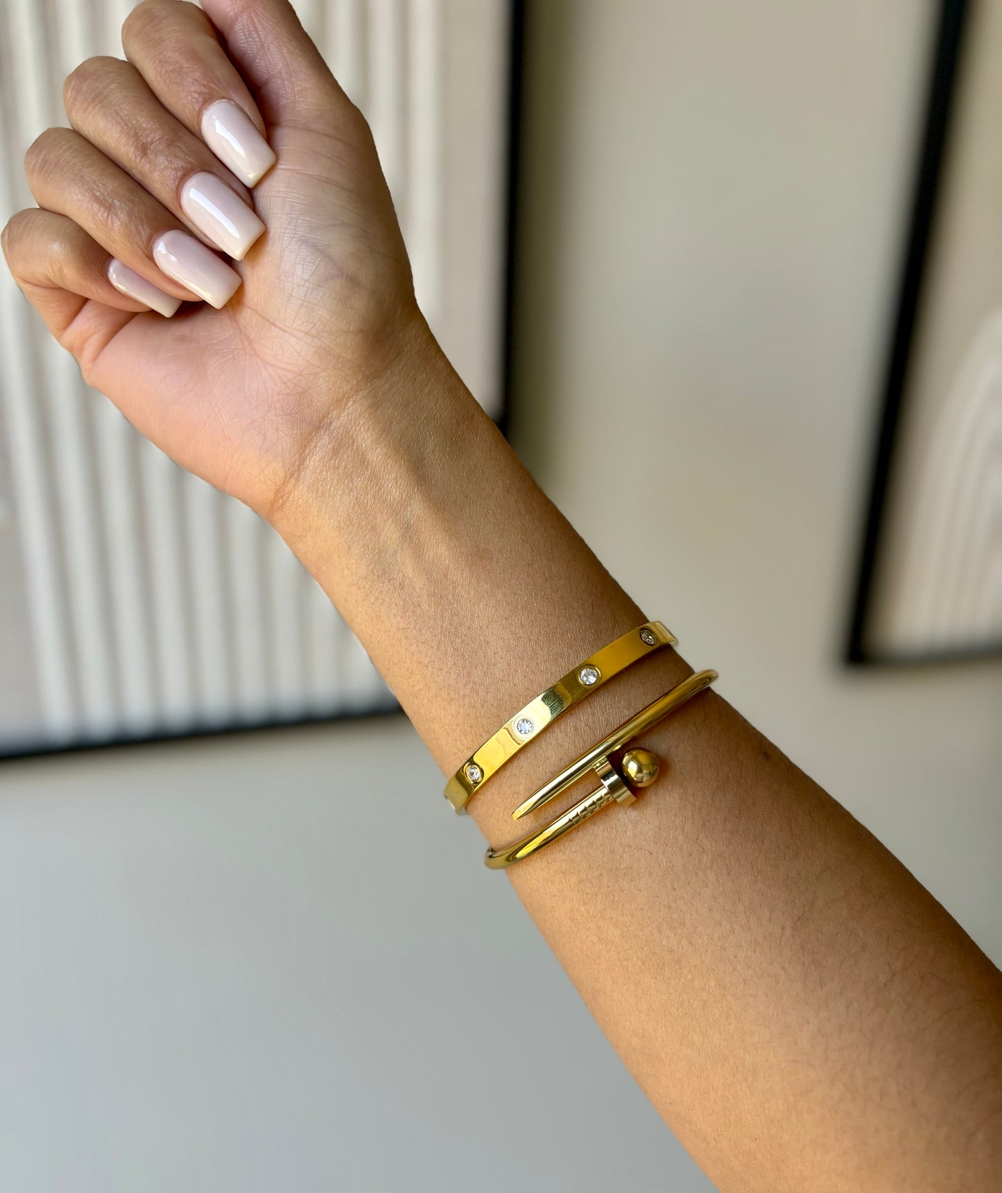 Gold Nail & Rhinestone Bracelet Set